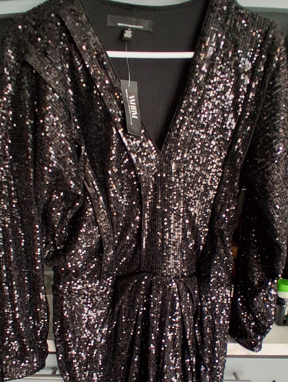 Black Sequin Long-Sleeve V-Neck Dress